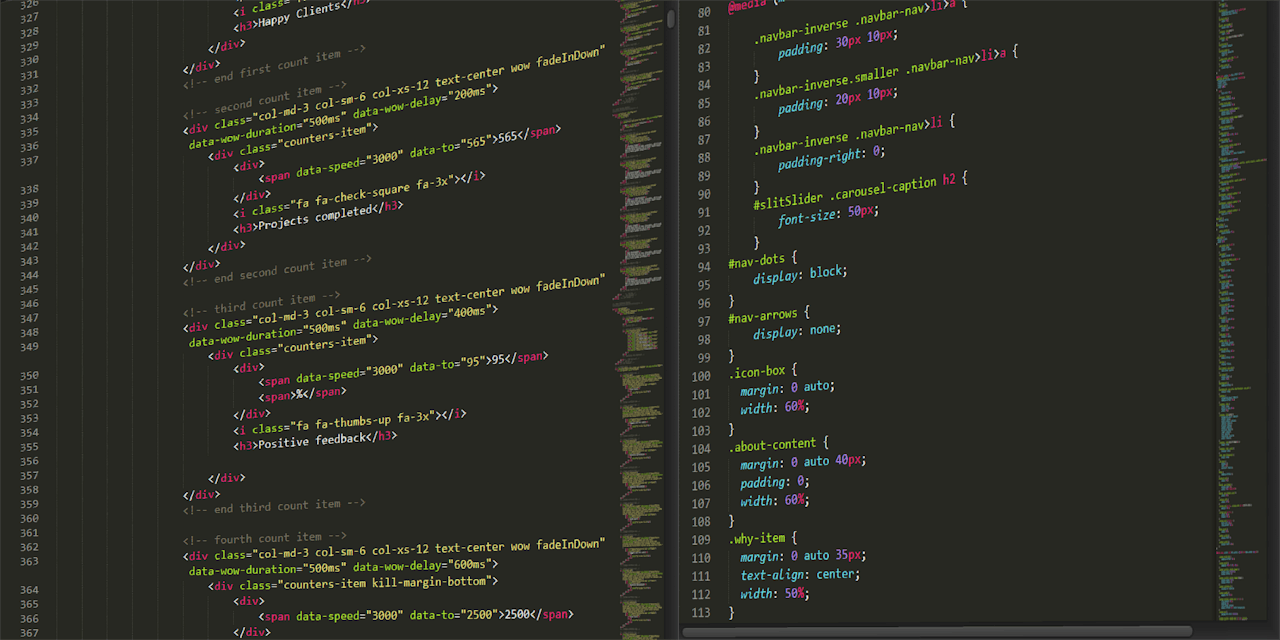 about-us Close-up of highlighted HTML and CSS code on a dark screen, suitable for tech themes.